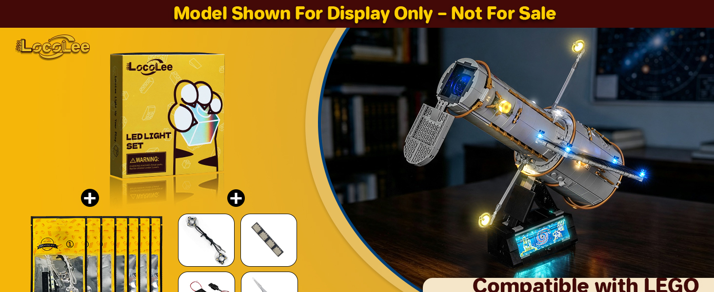 Text reads 'Model Shown For Display Only - Not For Sale' and 'Compatible with LEGO'. Yellow product packaging display showing transparent building brick mechanism with instructional assembly diagrams.