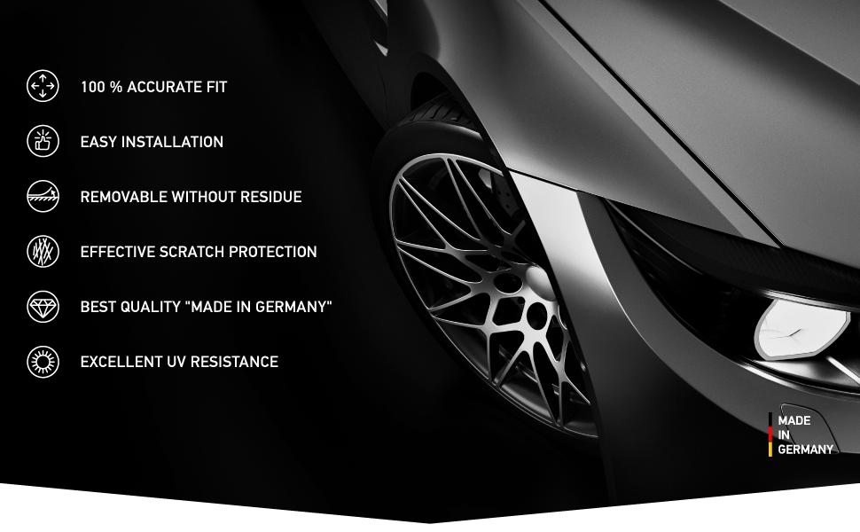 Text reads 'THE PROTECTIVE FILM FOR YOUR CAR LOADING SILL'. Product advertisement showing carbon fiber-look protective film with numbered steps and packaging.