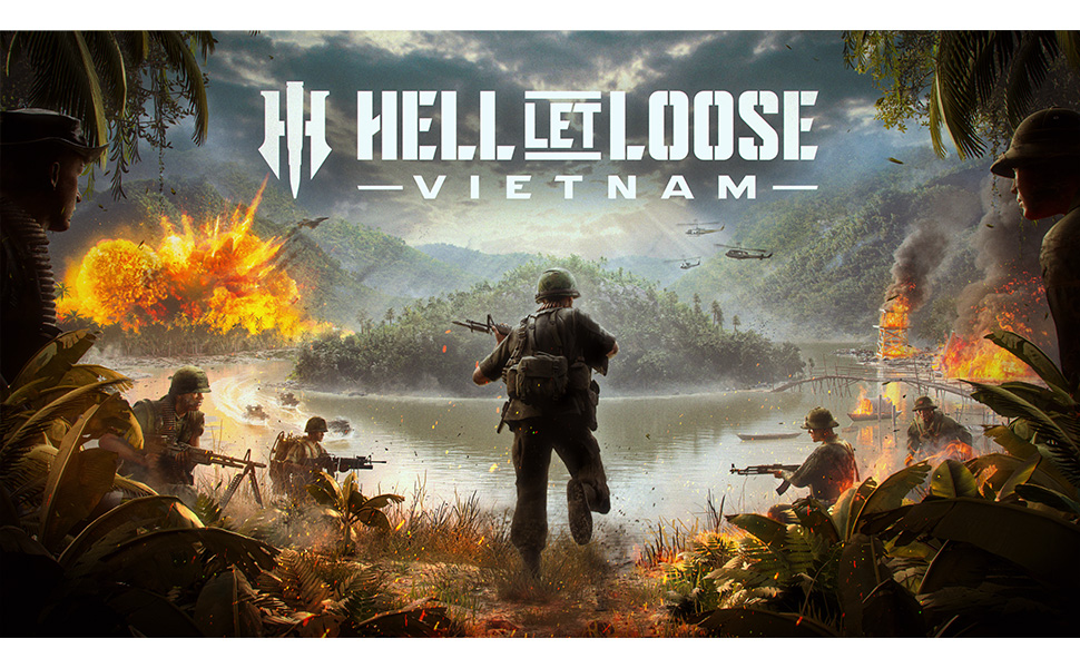 Text reads 'HELL LET LOOSE' and 'VIETNAM'. Video game promotional poster featuring soldier silhouette against explosive battlefield landscape with yellow fire and destruction.