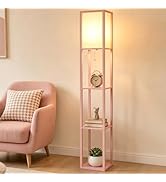 Tall rectangular shelving unit floor lamp with warm-toned fabric shade, featuring multiple horizontal tiers and desktop organizer with smartphone and charging dock integration.