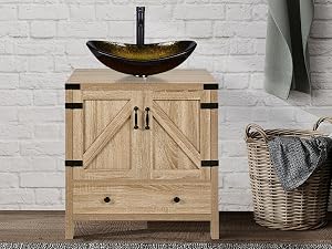 Rustic wooden bathroom vanity with barn door design, featuring a vessel sink and storage cabinet. Accompanied by woven baskets.
