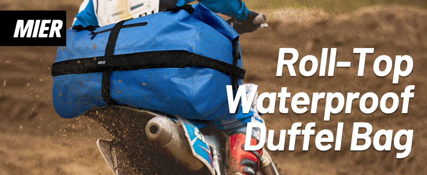 a red water duffel bag on a dirt bike.