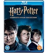 Text reads: '4K ULTRA HD', '4K ULTRA HD + BLU-RAY', 'Harry Potter', '8-FILM', 'HDR', '12'. Blu-ray case features golden glowing magical object on dark background. Eight-film collection packaging.
