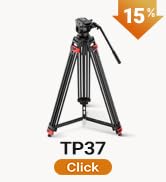 Text reads 'TP12' and 'Click'. Tripod with black legs and orange accents, featuring 15% discount badge. Professional camera support equipment.