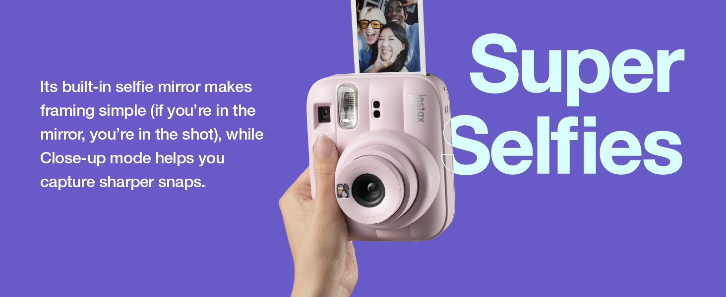 Text reads 'No built-in selfie mirror makes framing tough. With Super Selfies, you're in the shot, while close-up modes capture sharper wraps.' and 'Super Selfies'. Hand holding instant camera with purple background and product feature messaging.