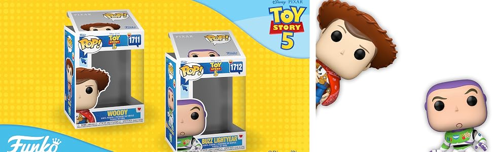 Toy Story collectible Funko Pop figures showing packaging boxes with Woody and Buzz Lightyear character figurines against yellow background.