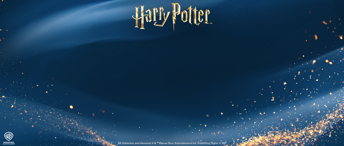 Text reads 'Harry Potter'. Dark blue promotional banner with golden text and sparkle effects against starry background.