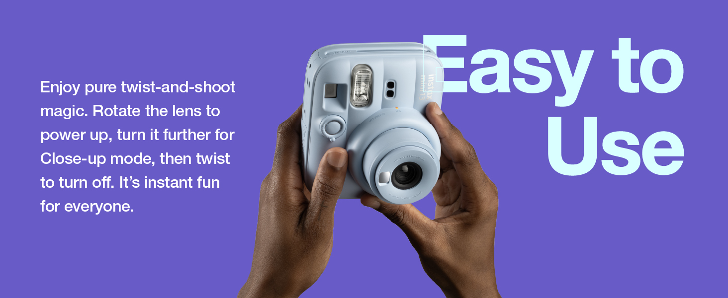 Text reads 'Easy to Use' and 'Enjoy pure twist-and-shoot design. Picture is so easy to capture. Learn further for powered up. Burst is on for better quality. So turn off it's instant fun for everyone.' Hand holding instant camera on purple background.