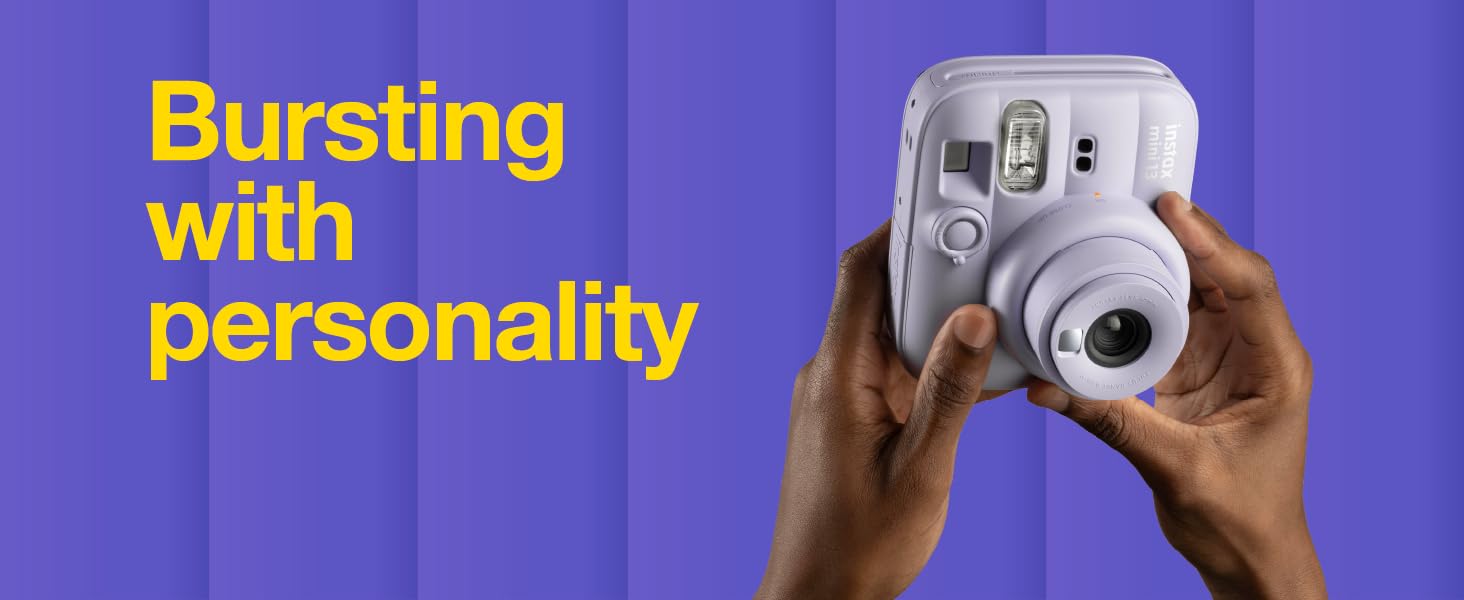 Text reads 'Bursting with personality'. Hands holding silver and white instant camera against purple striped background.