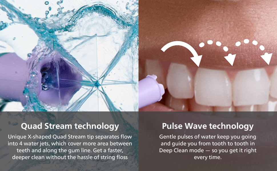 Text reads 'Floating reinvented with QuadStream technology'. Technical product demonstration with multiple angles and diagrams.