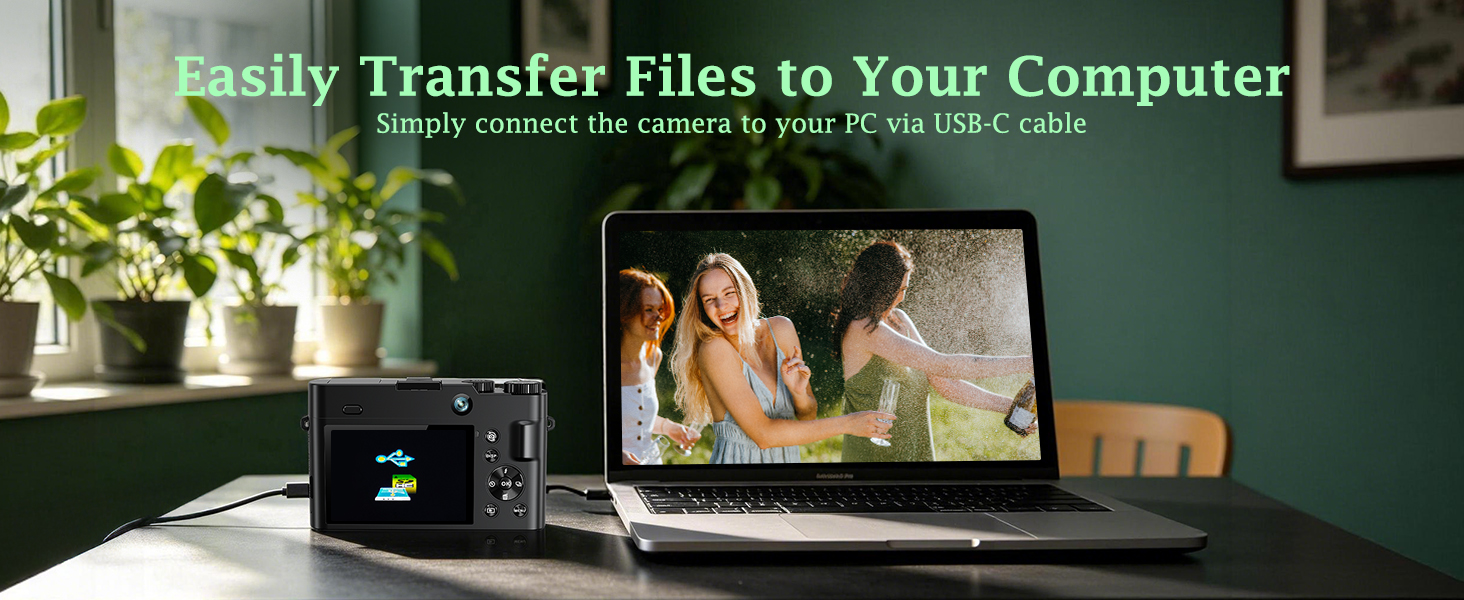 Text reads 'Easily Transfer Files to Your Computer' and 'Right-angled for ease to you it to this disk easily.' Scene shows digital camera connected to laptop displaying family photo, with plants on windowsill.