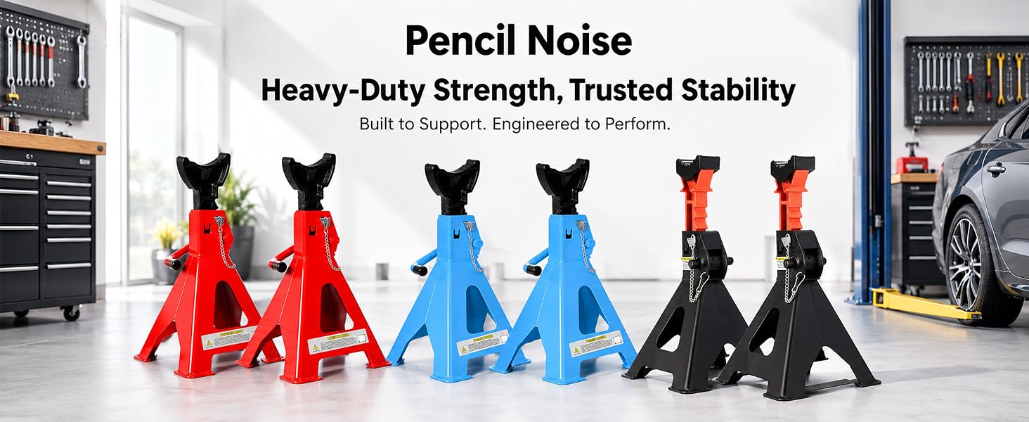 Text reads "Pencil Noise", "Heavy-Duty Strength, Trusted Stability", "Built to Support, Engineered to Perform". Six adjustable jack stands in red, blue, and black displayed in garage workshop setting.