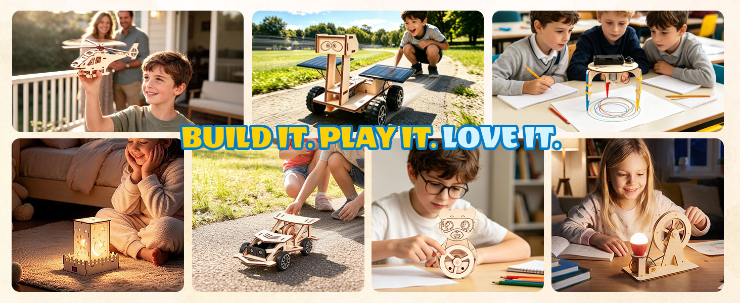 Text reads 'Independent Building' and 'Family Cooperation.' Children building wooden constructions together. Circular icons indicate product features and benefits for collaborative play.