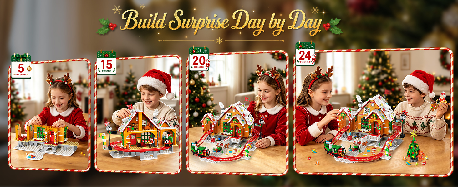 Text reads 'Festive Details'. Four decorative holiday scene boxes displayed: festive room setup, decorated tree with presents, wooden train toy, and holiday building set.