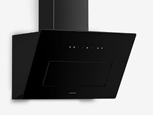 Black wall-mounted range hood or cooker hood with angled design, minimal touch controls, and built-in lighting for kitchen ventilation.