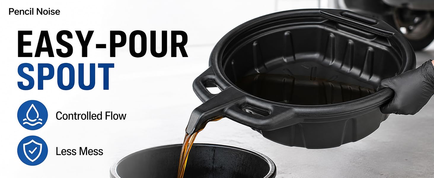 Text reads 'Pencil Noise EASY-POUR SPOUT', 'Controlled Flow', 'Less Mess'. Black pouring spout product demonstrating liquid stream control, with golden liquid being poured into dark container. Features two benefit icons below title.