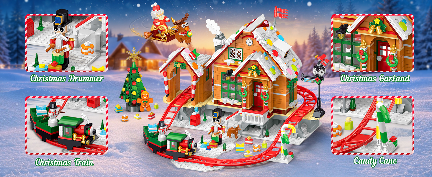 Text reads "Home.org". Illuminated decorative gingerbread house with candy details, green trees, and miniature figures on wooden base with blurred holiday lights background.