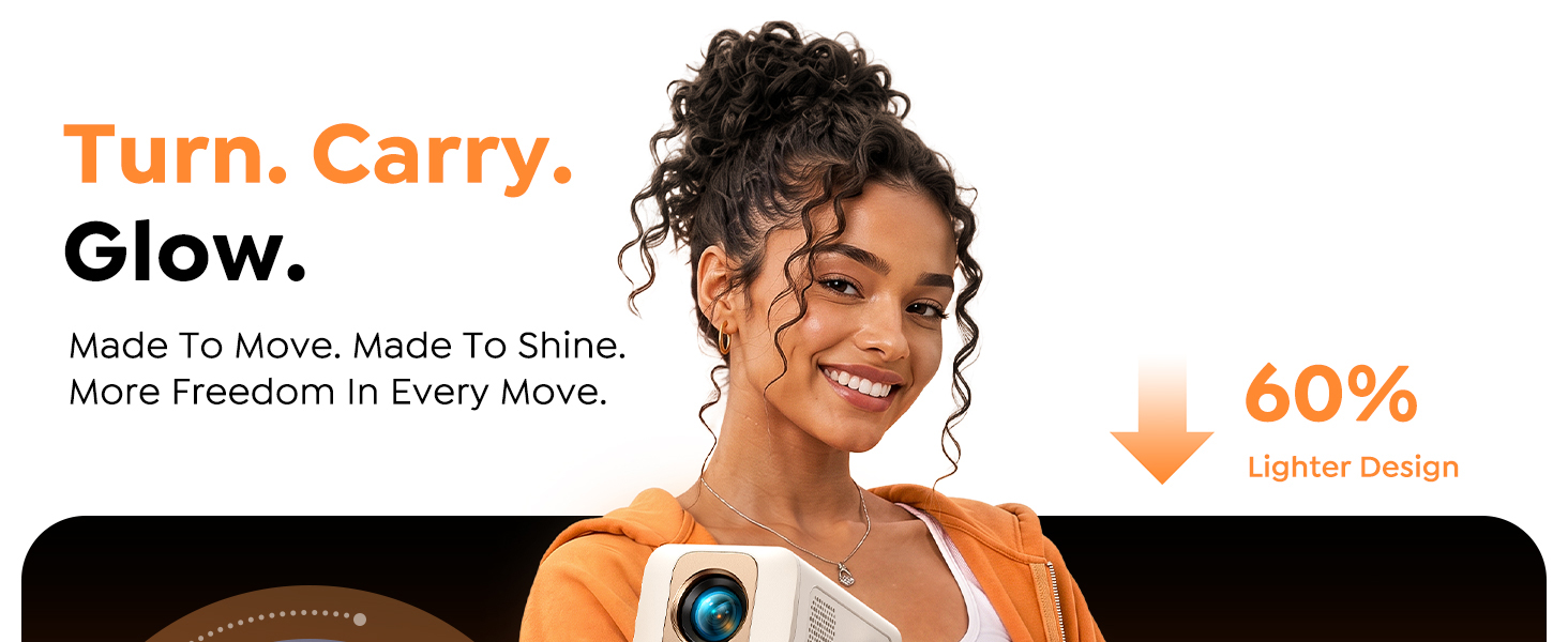 Text reads "Turn. Carry. Glow." and "Made To Move. Made To Shine. More Freedom. In Every Move." with "60%" indicator. Woman wearing smartwatch with orange accents demonstrating wearable device on wrist.