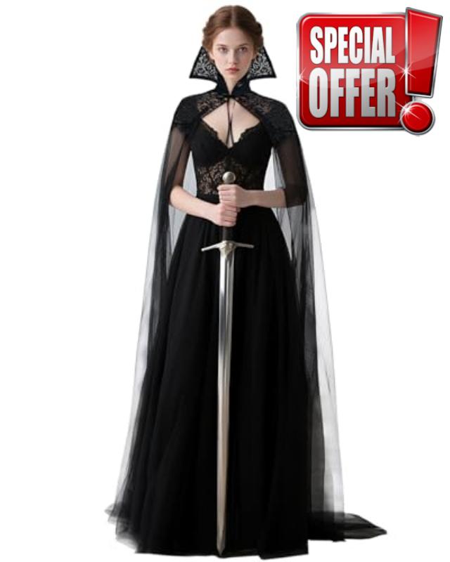 L'VOW Black Vampire Shoulder Cape Cloak Lace Stand-up Collar Cape Witch Queen Robe Renaissance Medieval Costume