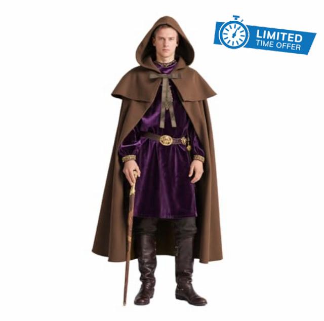 JPXH Renaissance Hooded Cape Witch Cloak with Hood Medieval Hobbit Halloween Costume