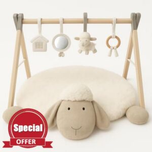 BooBoo Baby Ewe & Me Play Mat Baby Gym - Activity Tummy Time Sheep Playmat                                                          Thick and Super Soft Sheep Design - Includes 4 Detachable Sensory Toys - Easy to Assemble Upgraded Wood Frame