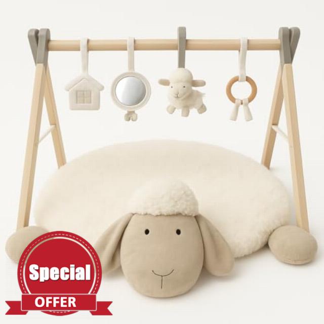 BooBoo Baby Ewe & Me Play Mat Baby Gym - Activity Tummy Time Sheep Playmat                                                          Thick and Super Soft Sheep Design - Includes 4 Detachable Sensory Toys - Easy to Assemble Upgraded Wood Frame