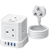 White electrical power strip or surge protector with multiple socket outlets and USB ports, shown from different angles against white background.