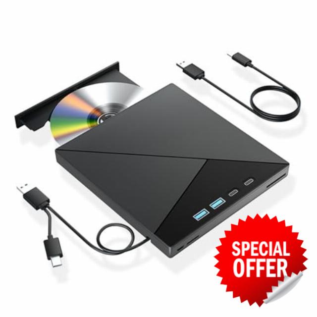 7 in 1 External Bluray Drive 4k USB 3.0 CD DVD +/-RW Burner 3D BD Player with SD/TF Ports Compatible with Windows MacOS