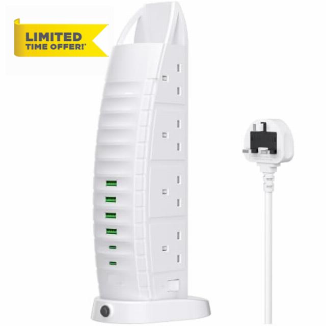 Extension Lead with USB Slots 8 Way Outlets 6 USB Ports 2M White                                                          2 Type-C & 4 Type-A Ports