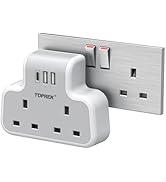 TOPREK 2 Plug Extension Lead with USB C Slots, 2 USB-A Ports + 1 USB-C, Slim Flat Plug (0.57inch)...