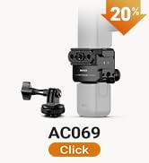 Text reads 'AC015' in orange label. Small gray gimbal camera device with articulated arm and mounting attachment shown.