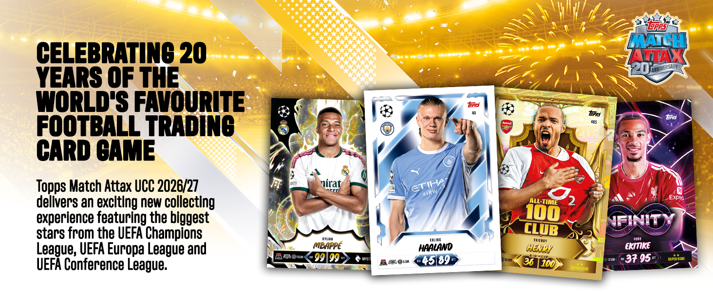 Text reads 'CELEBRATING 20 YEARS OF THE ULTIMATE FOOTBALL TRADING CARD GAME'. Trading card promotional image showing four football player cards with gold background and Top Match branding.
