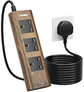 Wood-finished power strip or surge protector with multiple views showing UK-style outlets. Features dark wooden face plate and black power cord.