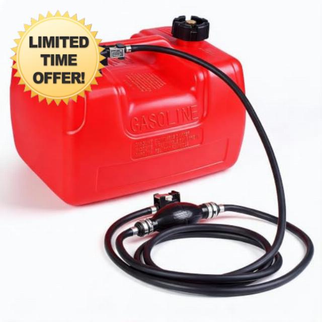 3 Gal Portable Boat Petrol Tank HDPE with Fuel Gauge & Primer Hose                                                          HDPE Leak-Proof Boat Petrol Container with Fuel Gauge 3m Primer Bulb Hose EPA Certified for Outboard Engine Fishing Boa