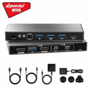 MINIX 8K USB-C+HDMI KVM Switch 1 Monitor 2 Computers for Laptop PC，Aluminum                                                          Supports 100W PD laptop pass-through. 4 USB ports to share monitor keyboard mouse printer for 1 laptop & 1 desktop