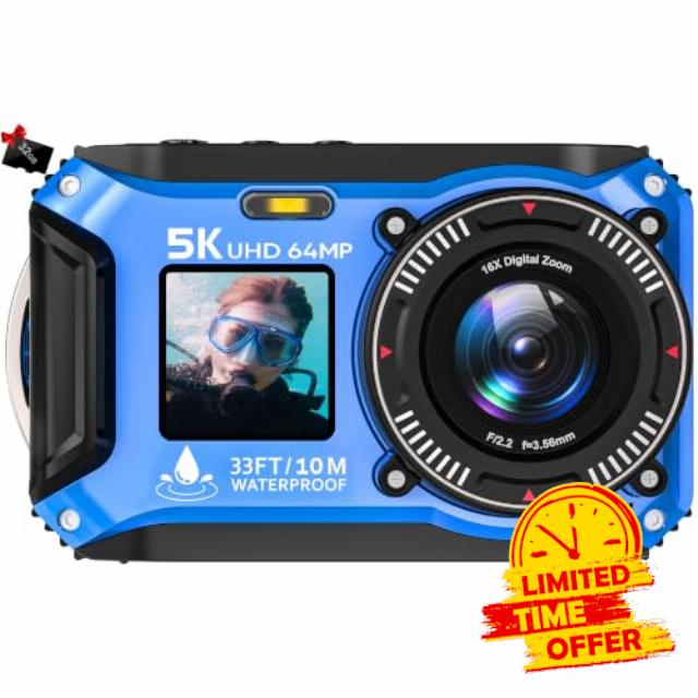 Underwater Camera Yixinxin 5K 64MP Waterproof Camera with 32GB                                                          Dual-Screen Selfie 33FT Waterproof Digital Camera for Snorkeling Point and Shoot Digital Camera