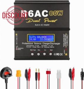 RC LiPo Battery Balancer Charger 80W 6A AC DC Dual Input                                                          LiPo/Li-Ion/LiFe (1-6S) NiMH/NiCd (1-15S) 2-20V PB Smart Battery Charger with XT60 T Plug Tamiya Crocodile Clip for Car Drone