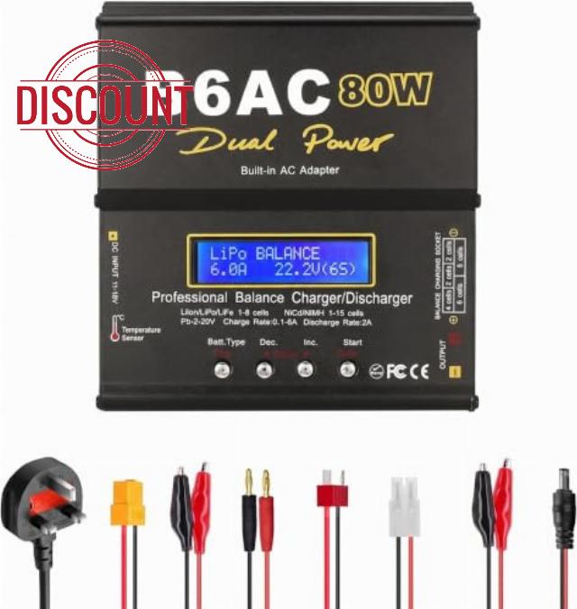 RC LiPo Battery Balancer Charger 80W 6A AC DC Dual Input                                                          LiPo/Li-Ion/LiFe (1-6S) NiMH/NiCd (1-15S) 2-20V PB Smart Battery Charger with XT60 T Plug Tamiya Crocodile Clip for Car Drone
