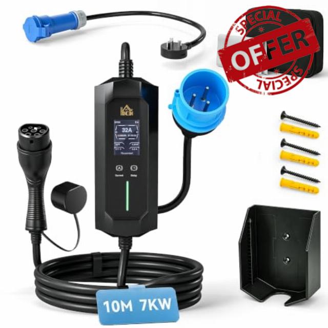 HOMCOM EV Charger 7kW Type 2 10m with Blue CEE 32A Plug & UK 3 Pin Adapter                                                          Portable Electric Car Charger