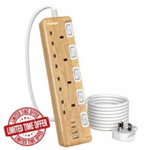 TOPREK Walnut Wood Effect 4 Plug Extension Lead with Individual Switches                                                          2M Extension Cable