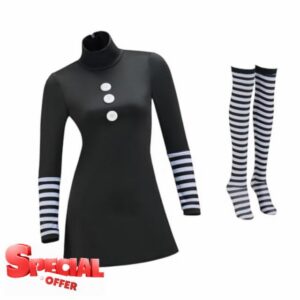 Marionette Cosplay Halloween Costume Dress Outift with Black and White Striped Stockings for Women Adul