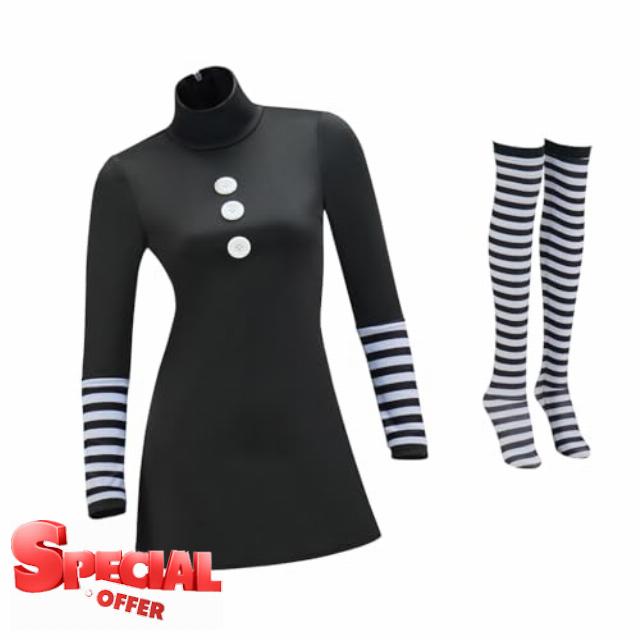 Marionette Cosplay Halloween Costume Dress Outift with Black and White Striped Stockings for Women Adul