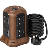 TOPREK Wooden Grain Tower Extension Lead with USB Slots(1800 J Surge) | 8AC+2USB-C+2USB-A, 13A, 3...