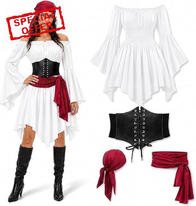 4 Pcs Pirate Costume Women 2026 Adults Halloween Costumes for Womens Fashion Fancy Dress Head Scarf Plus Size Caribbean Medieval Dress Outfits Clothing for Cosplay Party