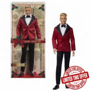 Barbie Signature 2026 Holiday Blonde Ken Collectible Fashion Doll                                                          wearing Full Suit with Red Jacket in Displayable Packaging & Doll Stand​​