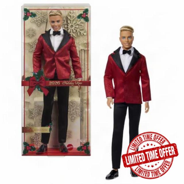 Barbie Signature 2026 Holiday Blonde Ken Collectible Fashion Doll                                                          wearing Full Suit with Red Jacket in Displayable Packaging & Doll Stand​​