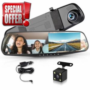 Rimoody Mirror Dash Cam Front and Rear 4.5 Inch Rear View Mirror Dash Cam                                                          1080P Front 480P Rear Dual Recording Car Camera 150° Wide Angle Loop Recording Motion Detection Reverse Assis