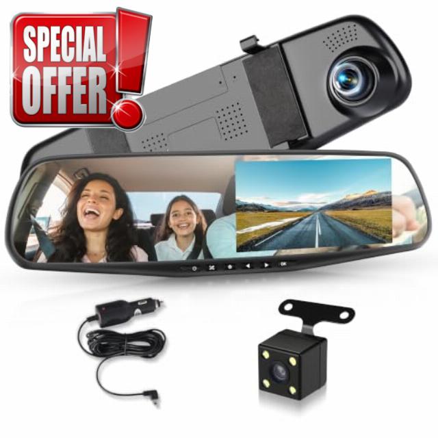 Rimoody Mirror Dash Cam Front and Rear 4.5 Inch Rear View Mirror Dash Cam                                                          1080P Front 480P Rear Dual Recording Car Camera 150° Wide Angle Loop Recording Motion Detection Reverse Assis