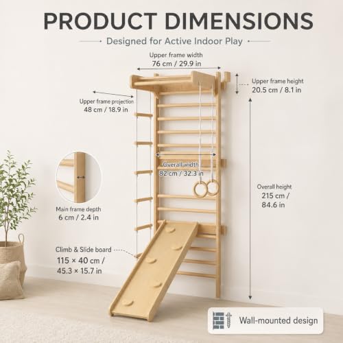 5-in-1 Indoor Climbing Frame for Kids                                                          Wooden Gym Equipment with Pull Up Bar