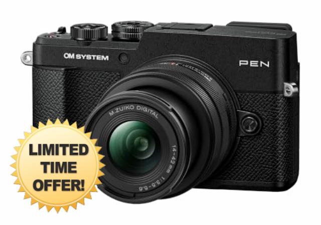 OM SYSTEM PEN Weatherproof Mirrorless Camera Black with Electronic Viewfinder and Color Profile Control for Everyday and Travel Photography with M.Zuiko Digital 14-42mm F3.5-5-6 III Black